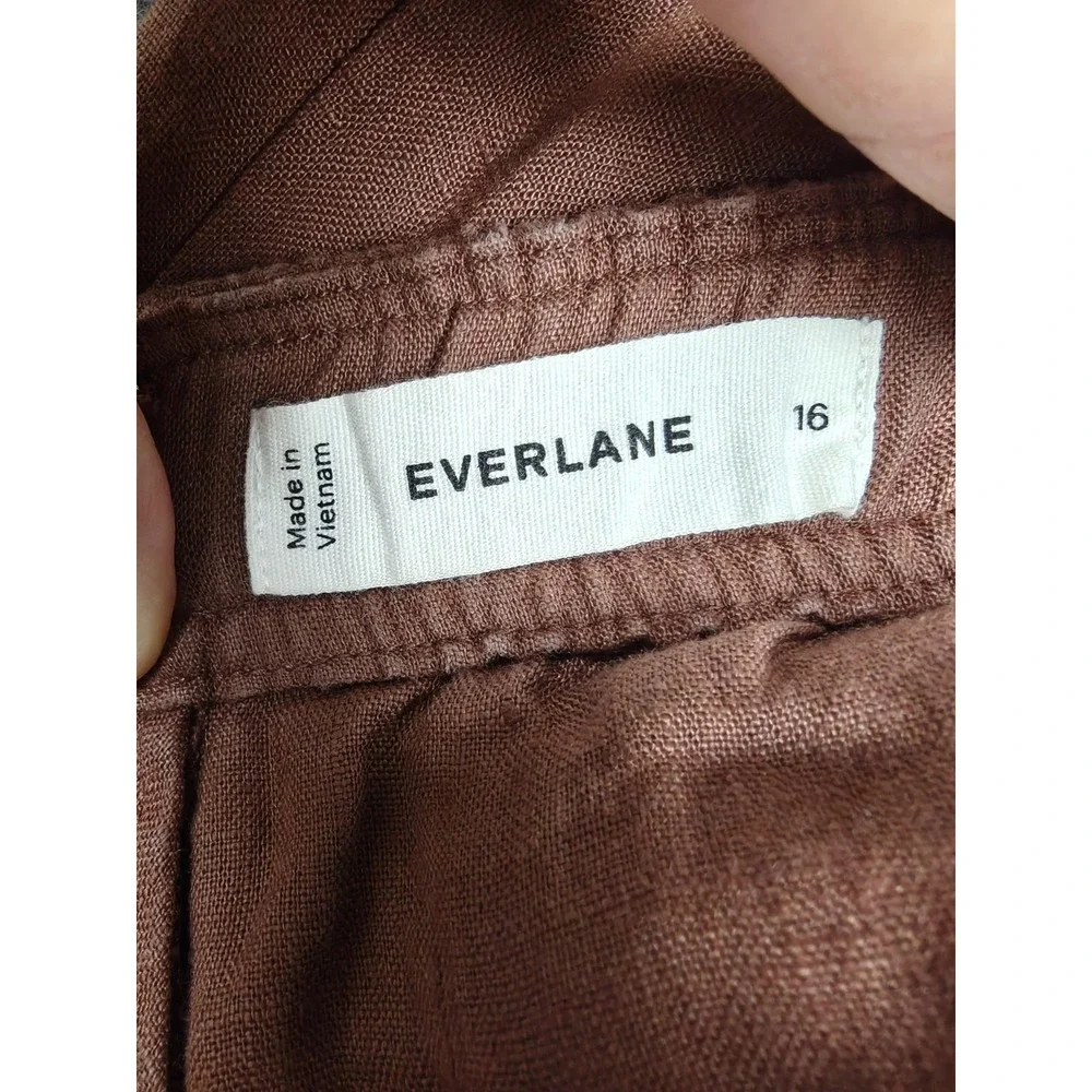 Everlane Jumpsuit Womens 16 Brown Linen Square Neck Sleeveless Wide Leg Pockets